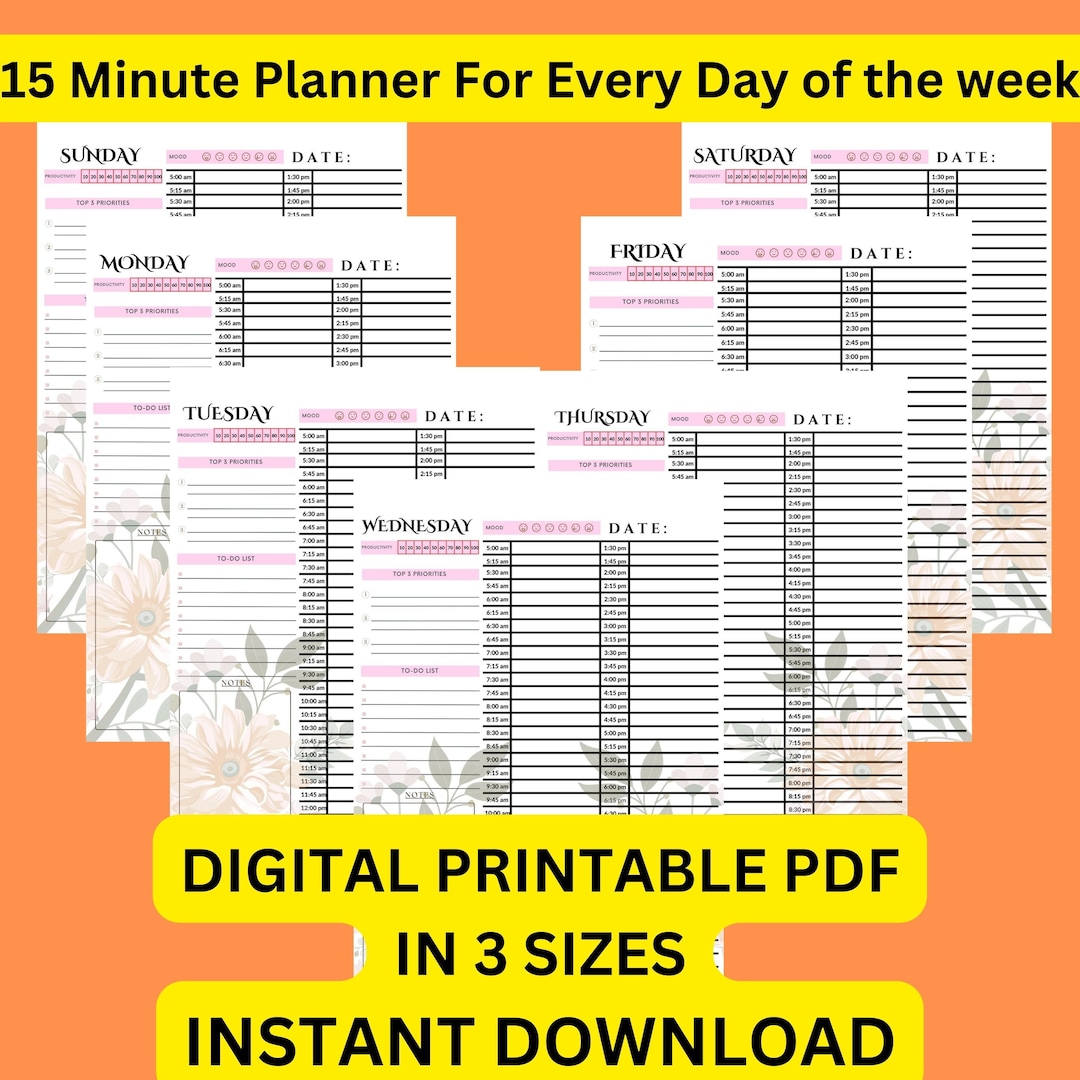 15 Minute Planner Printable for Daily Effective Work Schedule - Etsy
