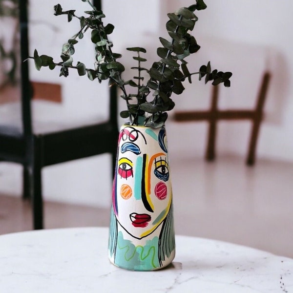 Ceramic Face Vase | Abstract | Hand-painted Ceramic Vase | Woman Face Vase | Unique | Artistic