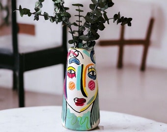 Vase visage en céramique | Résumé | Vase en céramique peint à la main | Vase visage de femme | Uniques | Artistique