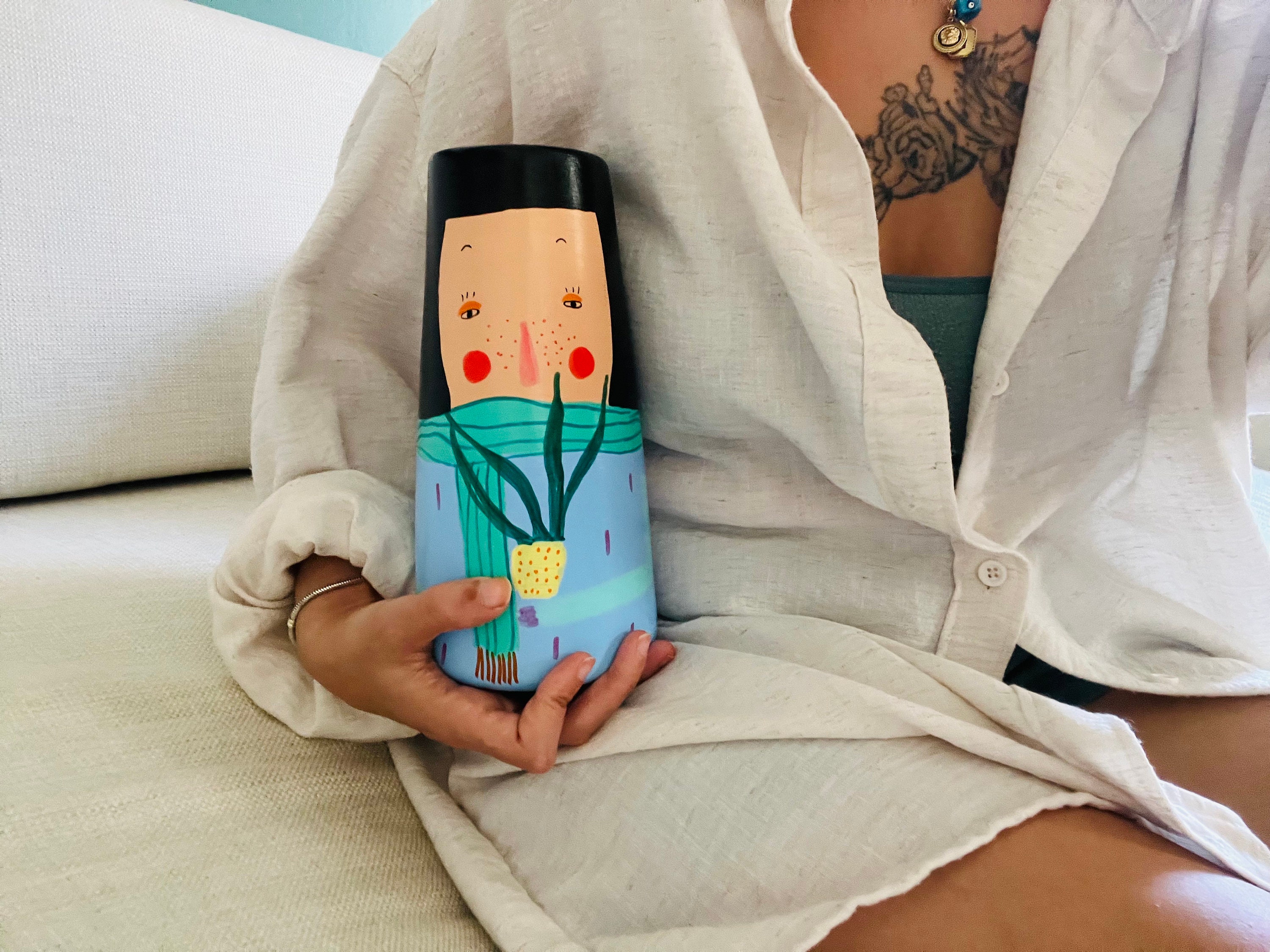 Ceramic Woman Face Vase , Handpainted Blue Ceramic Vase , Unique Woman Face Vase