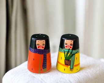Orange and Yellow Woman | Orien and Mara | Ceramic Salt and Pepper Set | Unique | Hand-painted Salt and Pepper Shaker | Artistic