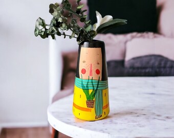 Yellow Ceramic Woman Face Vase , Handpainted Face Ceramic Vase , Unique Woman Face Vase