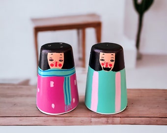 Ceramic Salt and Pepper Set of 2 | Monna and Burcak | Unique | Hand-painted Salt and Pepper Shaker | Artistic