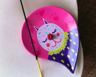 Cute Cat Ceramic Incense Holder , Handmade Incense Stick Burner,Pink Cat Ceramic Incense Holder, Cat Lover