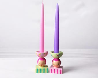 Mathilda | Pink Hair set of 2 | Hand-painted Candlestick | Woman Face Candle Holder | Unique | Artistic