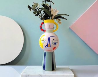 Ceramic Face Vase , Handpainted Ceramic Vase , Abstract Face Vase
