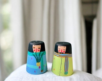 Ceramic Salt and Pepper Set | Aya and Etna | Unique | Hand-painted Salt and Pepper Shaker | Artistic