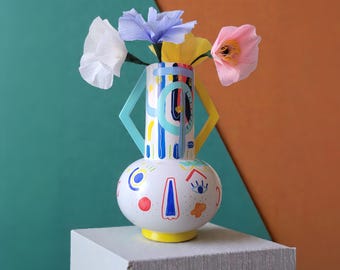 Ceramic Face Vase , Handpainted Ceramic Vase , Abstract Face Vase