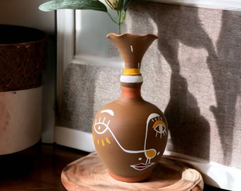 Terracotta Ceramic  Vase , Handpainted Earthen Line Face Vase , Unique Brown Vase