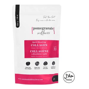 May include: A white pouch of Pomegranate Wellness quick dissolving collagen, 454 g. The label features pink accents, text in English and French, and icons indicating dairy-free, sugar-free, fat-free, and additive-free status, plus a Halal certification seal.