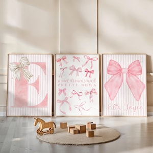 Pink Bow Watercolor Custom Initial Name Art, Personalized Bow Nursery Wall Art Set of 3, Soft Pastel Nursery Decor, Decorating Girls Nursery