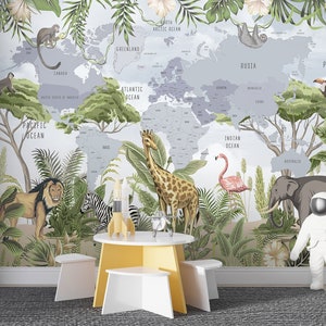 Papier peint carte du monde pour enfants, décoration murale éducative carte du monde pour chambre d'enfants, papier peint intissé, papier peint amovible animaux de safari