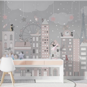 Nursery Colorful Houses Wallpaper Mural for Kids, Childroom Painted Town House Nursery Wallpaper, Non-Woven wallpaper, Rooftop Nursery Mural