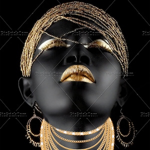 African Woman Digital Print Gold Necklaces Printable Wall Art, High Resolution, Black Woman Home Wall Decor, Black And Gold Printable Art