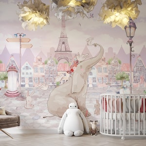 Watercolor Parisian Nursery Wallpaper Mural: Eiffel Tower, European Town