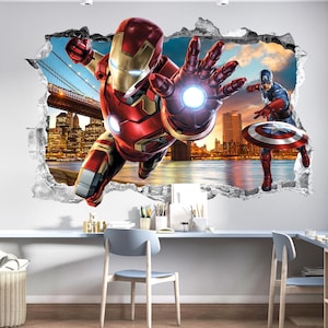 3D Superhero Wall Decal for Boys – Self-Adhesive Vinyl Mural Iron Hero & Captain | Removable Wall Sticker for Kids Nursery, Playroom Decor