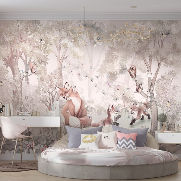 Watercolor Pink Forest Animals Wallpaper Mural, Woodland Animals Kids Wall Decor, Non-Woven wallpaper, Wildlife Nursery Wall Mural