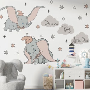 Cute Elephant Nursery Wall Decal, Dumbo and Clouds Wall Stiker, Cartoon Animals Decals, Peel and Stick Vinyl, Neutral Nursery Wall Stickers