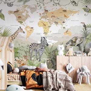 Papier peint animaux de la jungle, papier peint carte du monde pour chambre d'enfants, décoration de chambre d'enfant tropicale, papier peint animaux de safari, dimension personnalisée, non tissé