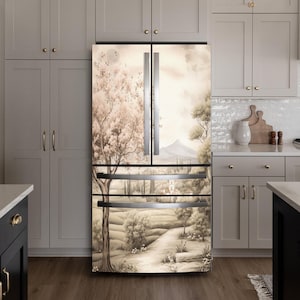 Vinilo para refrigerador campestre: calcomanía de vinilo autoadhesiva con paisaje pastel suave para refrigerador, decoración de cocina de estilo campestre francés a medida.