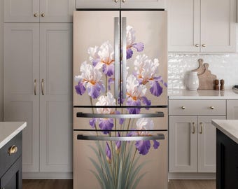 Purple & White Iris Floral Fridge Wrap – Flowers Peel and Stick Vinyl Decal | Refrigerator Cover for Side-by-Side, Top-Freezer, Custom Size