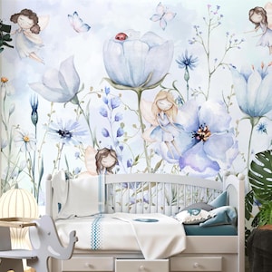 Mural de papel tapiz para habitación infantil con temática de jardín de hadas / Mural de pared con flores de acuarela encantadas / Papel tapiz texturizado no tejido / Decoración de habitación infantil con temática de hadas