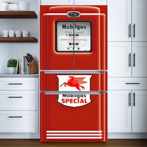 Mobilgas Special Gas Pump Fridge Wrap – Retro Red Vintage Gas Station Peel & Stick Vinyl Decal for Top Freezer or Side-by-Side Refrigerator