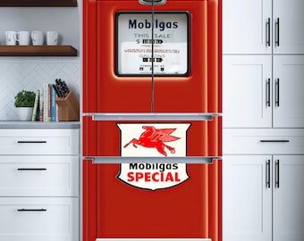 Mobilgas Special Gas Pump Fridge Wrap – Retro Red Vintage Gas Station Peel & Stick Vinyl Decal for Top Freezer or Side-by-Side Refrigerator