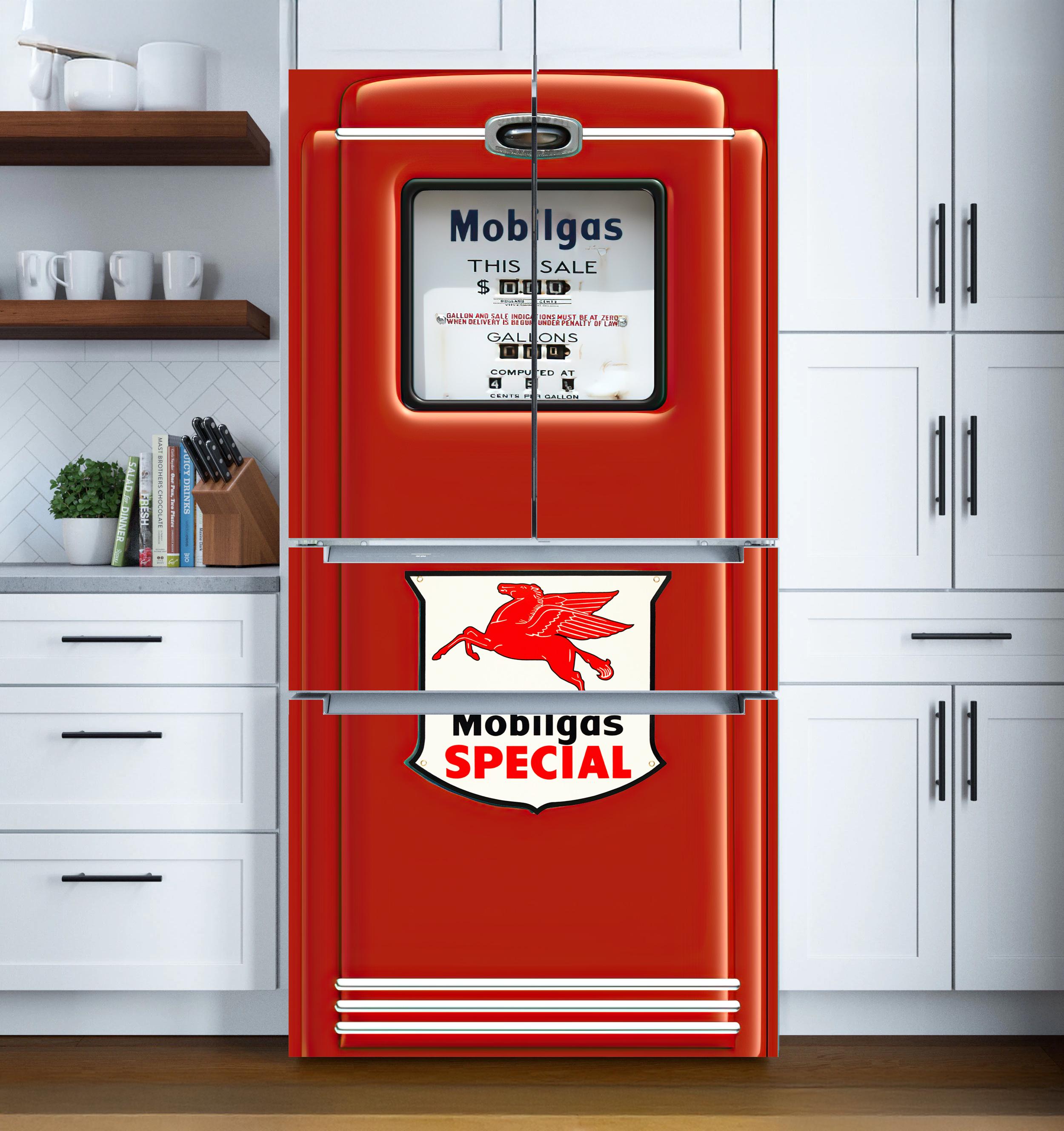 Mobilgas Special Gas Pump Fridge Wrap – Retro Red Vintage Gas Station Peel & Stick Vinyl Decal for Top Freezer or Side-by-Side Refrigerator