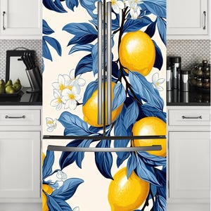 Lemon Tree Fridge Wrap – Peel & Stick Vinyl Decal | Bright Citrus Refrigerator Sticker, Flowers Removable Top Bottom Wrap for Kitchen Decor