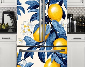Adesivo per frigorifero Lemon Tree – Adesivo in vinile staccabile e attaccabile / Adesivo per frigorifero con agrumi vivaci, fiori, pellicola rimovibile superiore e inferiore per la decorazione della cucina