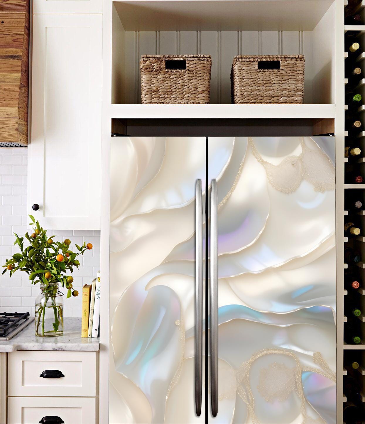 Pearlescent Marble Fridge Wrap – Stickers Refrigerator Door Vinyl Decal | Peel & Stick Top Bottom Wrap for Fridge, Removable Kitchen Decor