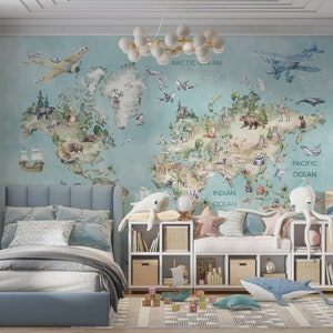 Aquarell Kinder Weltkarte Wandbild, Tier Wandbild, Luftschiff Kinderzimmer Dekor, Wald, Kinderzimmer Weltkarte, Lernweltkarte