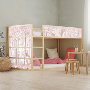 Pink Fairy Forest Decals for IKEA KURA BED– Ballerina & Unicorns | Peel and Stick Cherry Blossom Vinyl Wrap for Girls Bunk Bed, Soft Floral