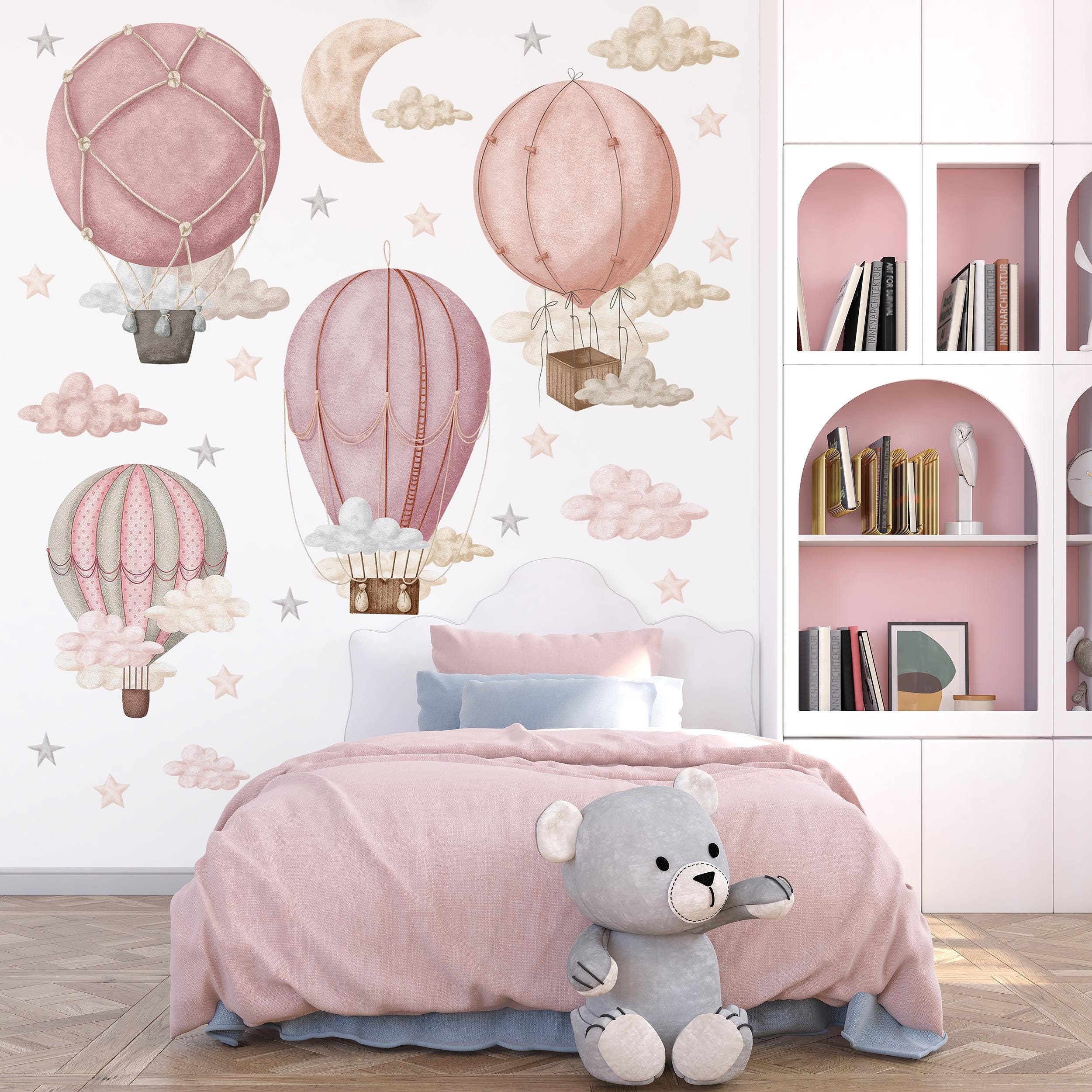 Sacinora Pink Peony Rose Hot Air Balloon Wall Stickers – Removable, DIY Nursery & Kids Room Decor, Cartoon Star Flower Decals For Bedroom Or Playroom