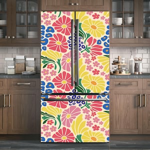 Colorful Retro Floral Fridge Wrap – Peel & Stick Vinyl Decal | Removable Refrigerator Sticker, Top Bottom Kitchen Wrap Decor, Custom Size