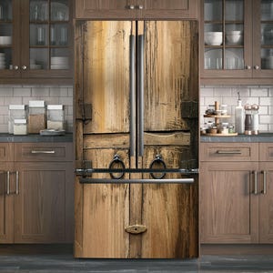 Vintage Wooden Door Fridge Wrap – Weathered Wood Peel &Stick Vinyl Decal, Rustic French Door, Bottom Freezer Refrigerator Cover, Custom Size