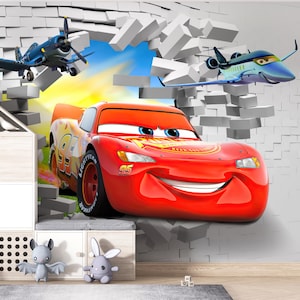 Lightning McQueen Wallpaper Mural – Cars Theme Non-Woven Removable Wall Mural for Kids Room, Nursery, Cartoons Boys Room Textured Wallpaper
