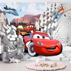 Cartoon Cars Theme Wallpaper Mural – Lightning McQueen Non-Woven Removable Wall Mural for Kids Room, Boys Room 3D Photo Wallpaper