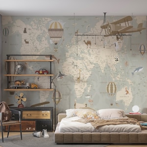 Kids Map Wallpaper Mural, World Map Wall Mural, Retro Hot Air Balloon Animals Wall Cover Kids Room Nursery, Vintage Airship Non Woven Mural