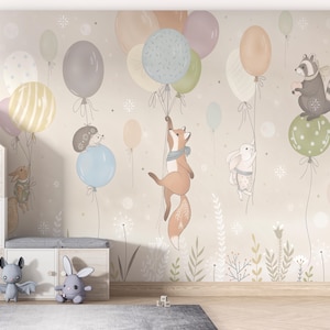 Kids Wallpaper Mural with Animals and Balloons, Nursery Wallpaper, Non-Woven Textured Wallpaper, Kids Forest Animal Wallpaper, Pastel Colors