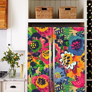 Colorful Floral Fridge Wrap Vinyl –Abstract Flowers Refrigerator Decal, Peel & Stick Fridge Skin for Side-by-Side or Top/Bottom, Custom Size