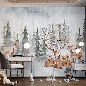 Forest Animals Kids Wallpaper, Woodland Animals Kids Room Wall Decor, Non-Woven wallpaper, Wildlife Nursery Wall Mural, Watercolor Woodsy