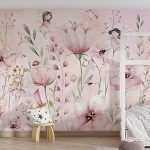 Fairy Garden Nursery Wallpaper Mural, Watercolor Floral Wall Mural, Non-Woven Textured Wallpaper, Fairy Theme Kids Room Wall Decor