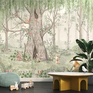 Wald Tapete Wandbild - Aquarell Tiere & Bäume, strukturierte Vlies Tapete für Kinderzimmer, wunderliche Tiere