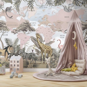 Papier peint carte du monde pour filles, décoration murale éducative carte du monde pour enfants, papier peint intissé, papier peint amovible animaux de safari, rose