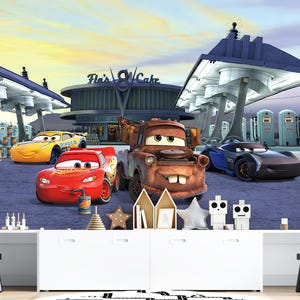 Lightning McQueen and Tow Mater Wallpaper Mural – Cartoons Cars Theme Non-Woven Removable Wall Mural for Kids Room, Boys Room Wallpaper