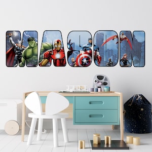 Superhero Custom Name Wall Decal – Avengers Peel & Stick Vinyl Sticker | Personalized Comics Heroes Wall Art | Removable Boys Room Decor