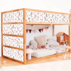 Watercolor Wildflower IKEA KURA Bed Decals – Peel & Stick Vinyl Wrap | Removable Soft Pink Floral Bunk Bed Stickers for Girls Room