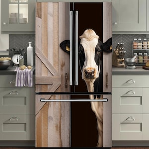 Cow Barn Fridge Wrap – Farmhouse Peel and Stick Refrigerator Decal, Rustic Country French Door, Bottom Freezer Refrigerator, Custom Size